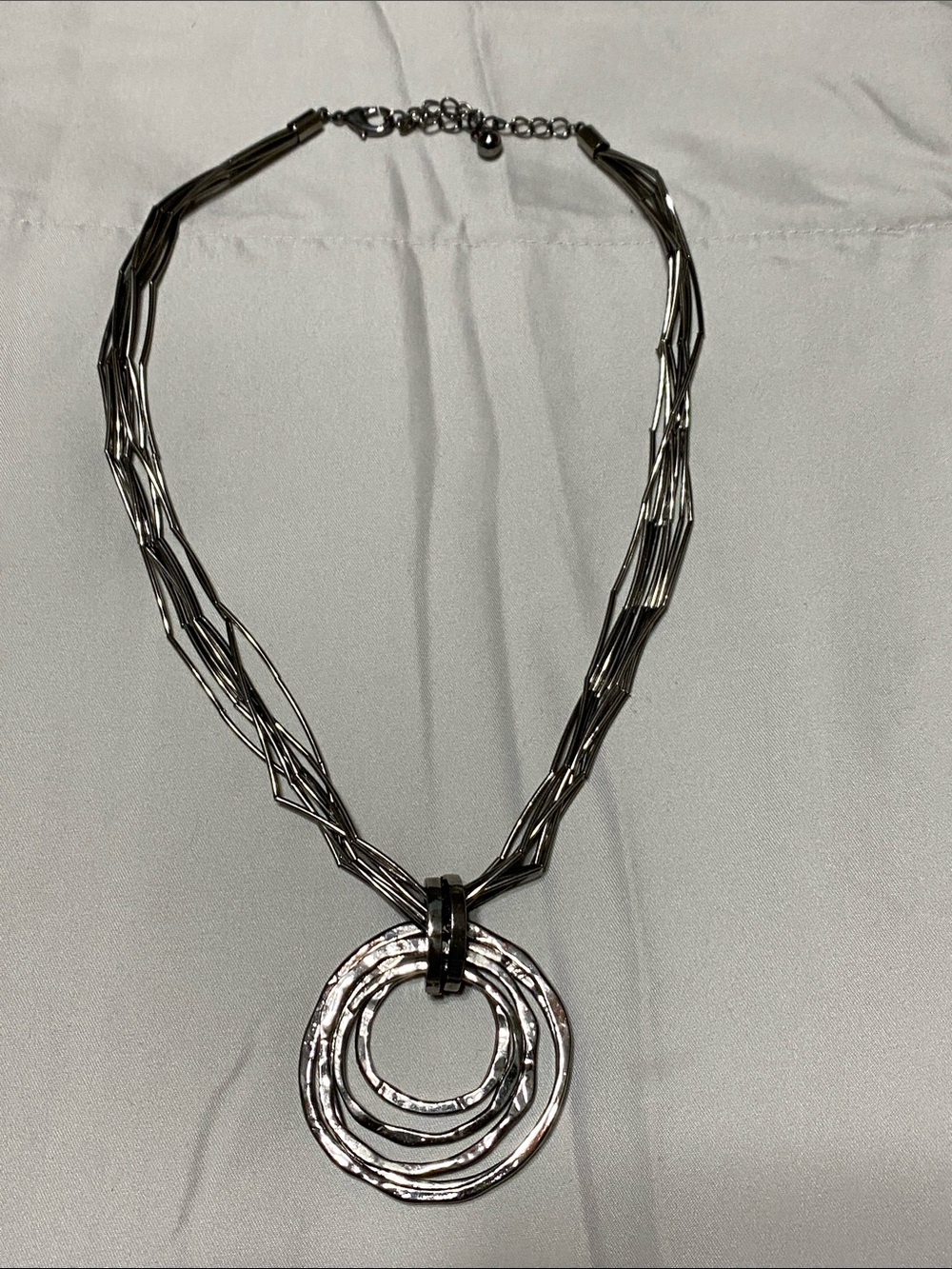 Triple Ring Textured Pendant Necklace - Silver